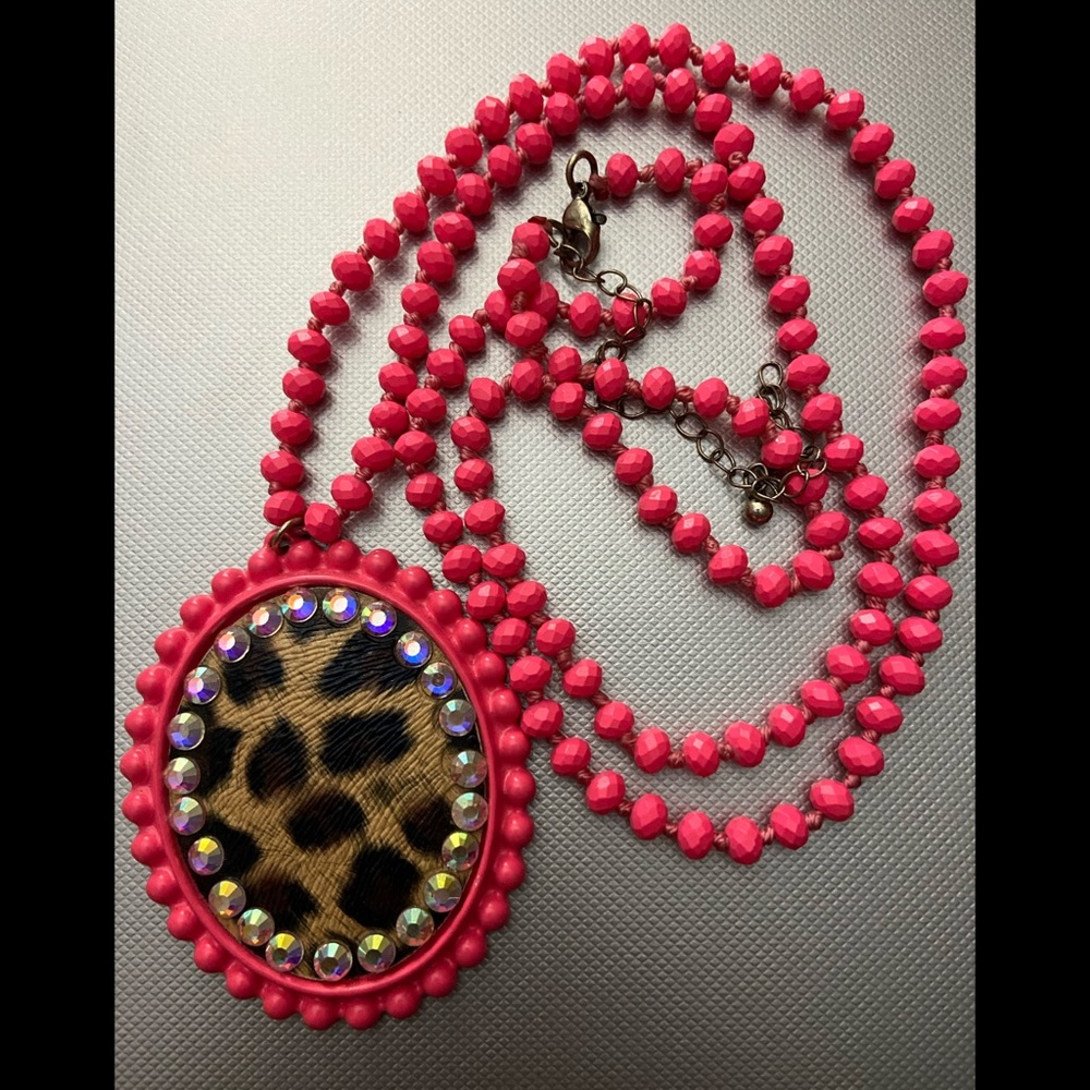 Pink cheetah print necklace with rhinestones